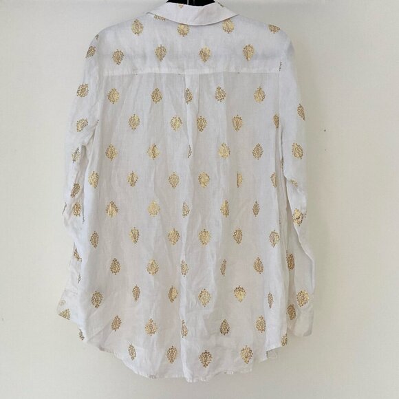 BODEN 100% Linen Gold Foil Medallion Block Print Button Down Shirt Blouse L/XL - Picture 10 of 12